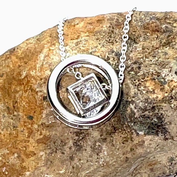 Circle Square Cage Cubic Zirconia Pendant Sterling Silver 925 , Platinum Plated - Picture 4 of 10